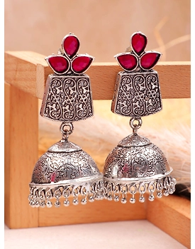 Exquisite Oxidised Silver Tone Red Stone Dome Jhumka Earrings for Women