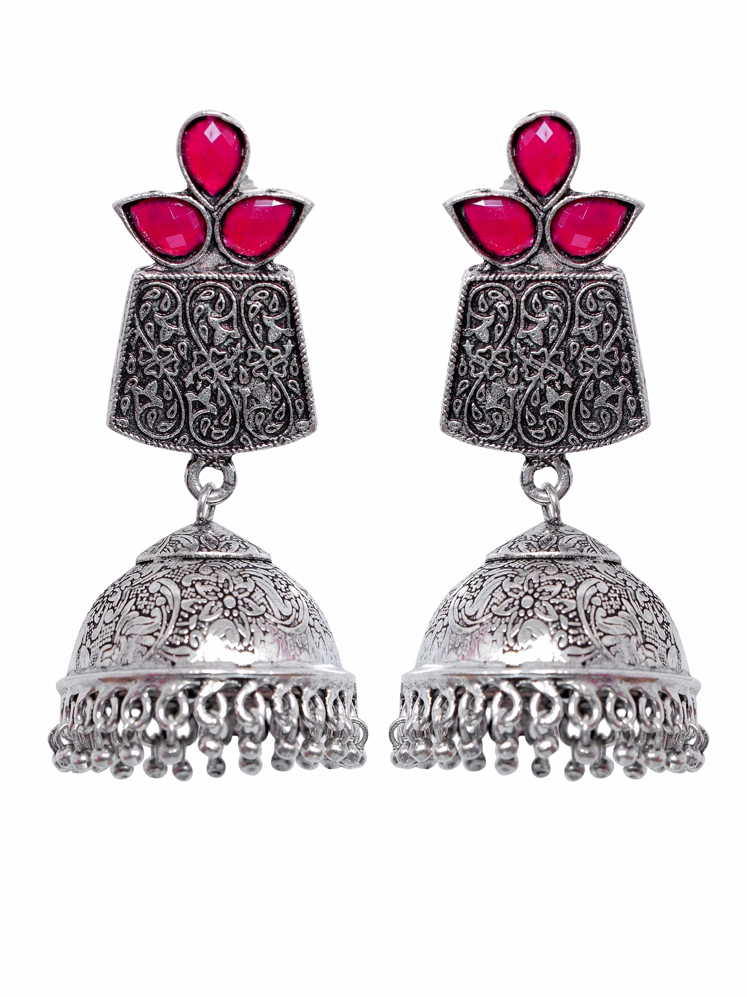 Exquisite Oxidised Silver Tone Red Stone Dome Jhumka Earrings for Women image 2
