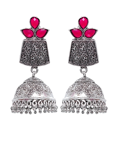 Exquisite Oxidised Silver Tone Red Stone Dome Jhumka Earrings for Women-1
