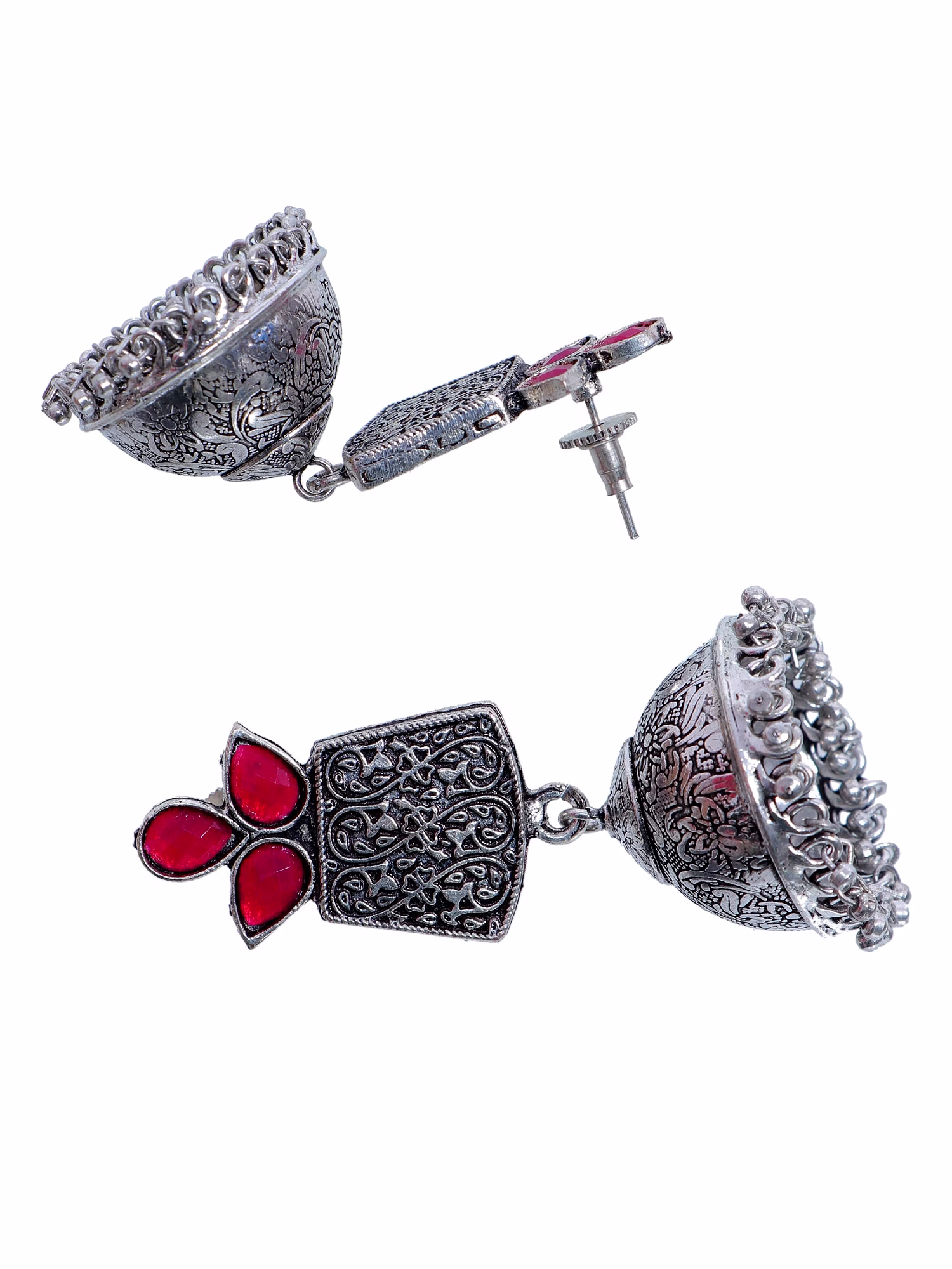 Exquisite Oxidised Silver Tone Red Stone Dome Jhumka Earrings for Women image 3