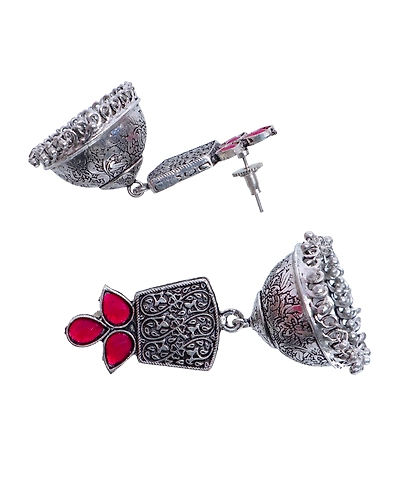 Exquisite Oxidised Silver Tone Red Stone Dome Jhumka Earrings for Women-2
