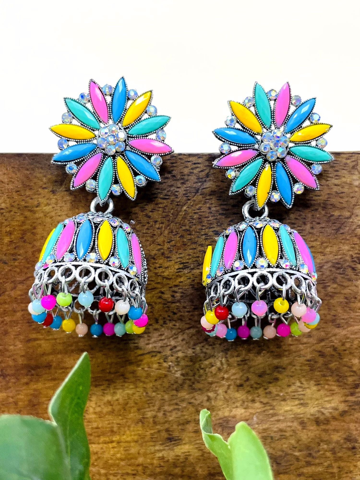 gonasika oxidised silver floral multicolor jhumka earrings for women & girls