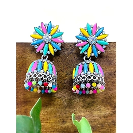 Gonasika Oxidised Silver Floral Multicolor Jhumka Earrings for Women & Girls