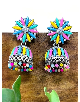 Oxidised Silver Floral Multicolor Jhumka Earrings for Women & Girls