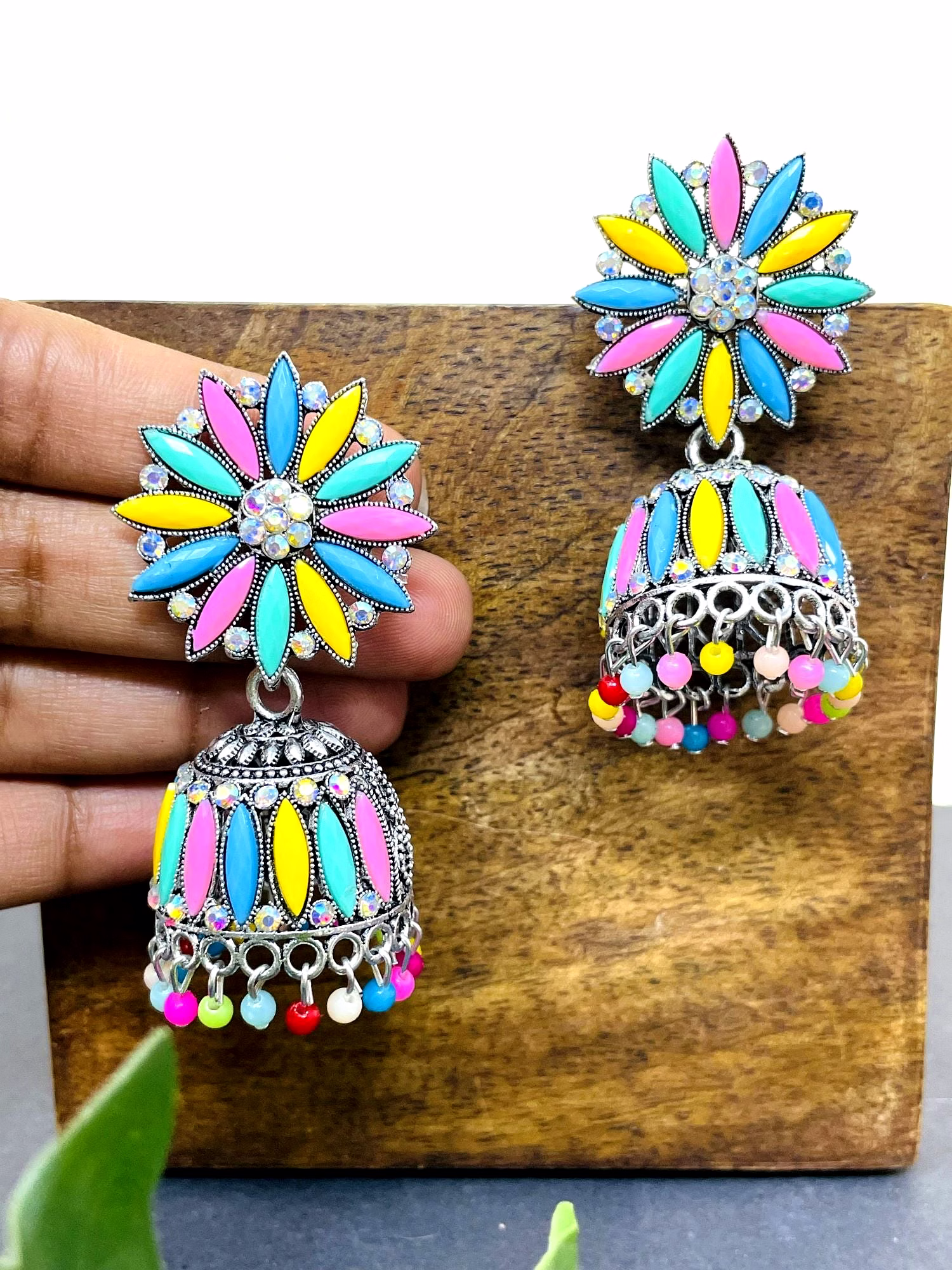 Oxidised Silver Floral Multicolor Jhumka Earrings for Women & Girls image 2