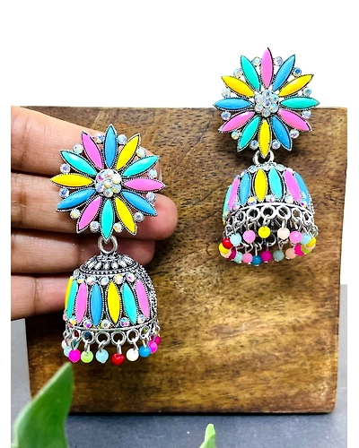Oxidised Silver Floral Multicolor Jhumka Earrings for Women &amp; Girls-1