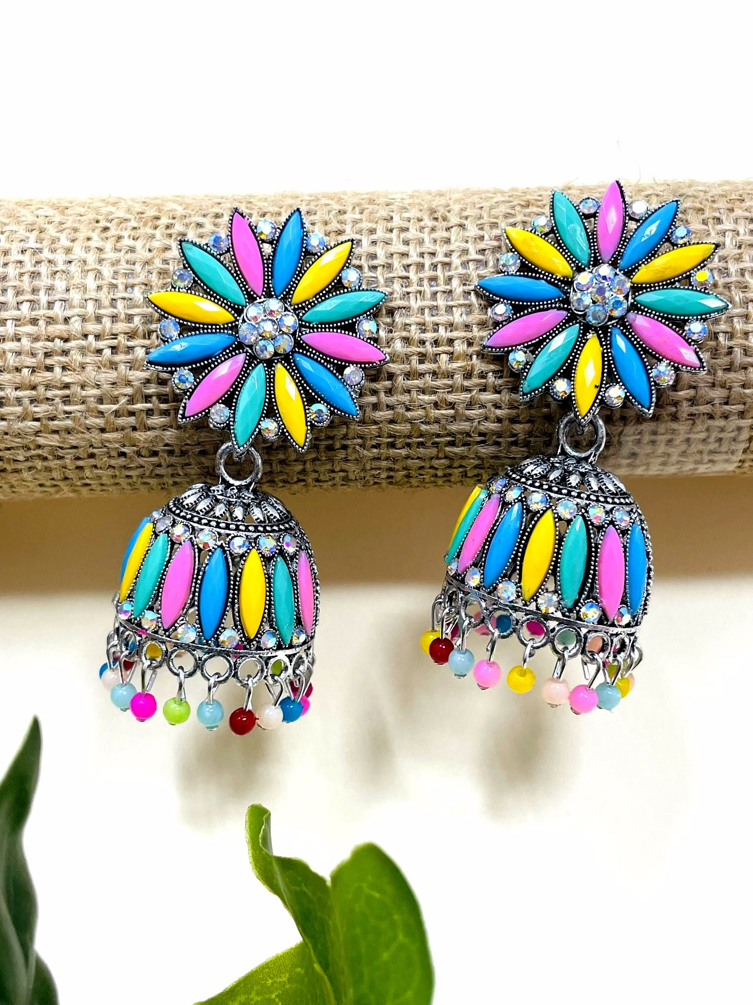 Oxidised Silver Floral Multicolor Jhumka Earrings for Women & Girls image 3
