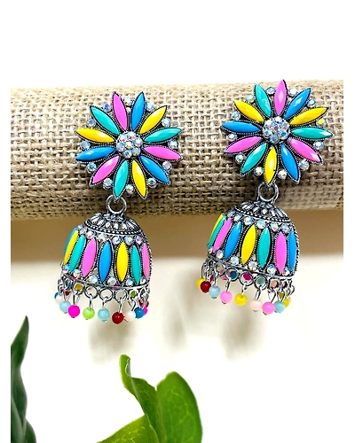 Oxidised Silver Floral Multicolor Jhumka Earrings for Women &amp; Girls-2
