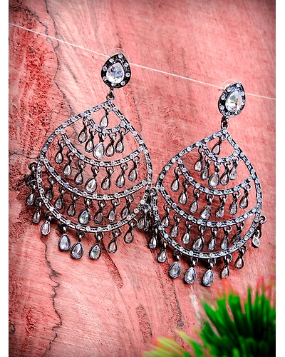 Oxidised Silver Elegant Crystalline Drops Indian Earrings for Women-12668813