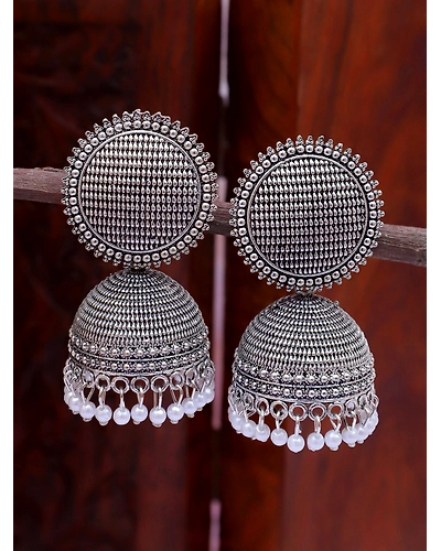 Oxidised Silver Mess Pattern Party Wear Jhumka Earrings for Women-2