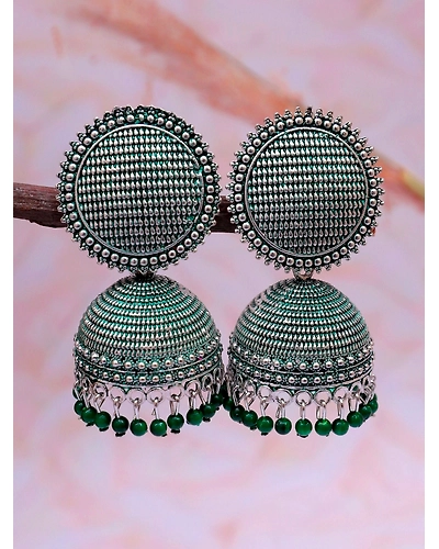 Oxidised Silver Mess Pattern Party Wear Jhumka Earrings for Women-3