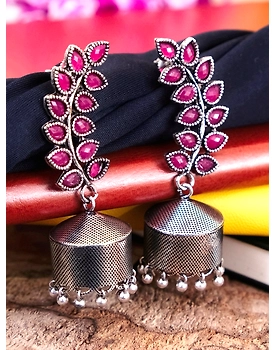 Fashionable Silver Plated Pink Jhumka Earrings - Oxidised Silver Jhumkas for Women