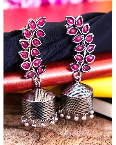 Fashionable Silver Plated Pink Jhumka Earrings - Oxidised Silver Jhumkas for Women-12668805