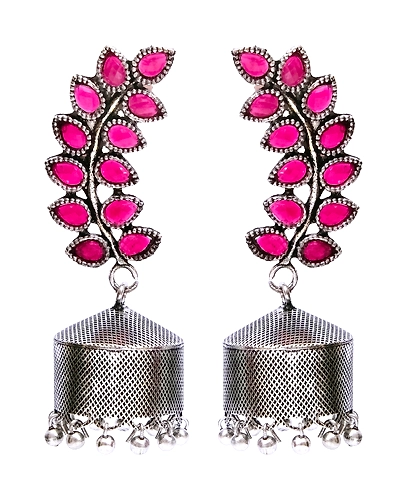 Fashionable Silver Plated Pink Jhumka Earrings - Oxidised Silver Jhumkas for Women-1