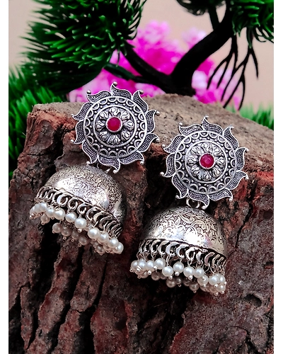 Elegant Oxidised Silver Plated Big Jhumka Earrings for Style Savvy Women-12668803