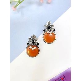 Gonasika Orange Monalisa Oxidised Silver Stud Earrings for office everyday Wear