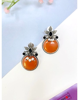 Orange Monalisa Oxidised Silver Stud Earrings for office everyday Wear