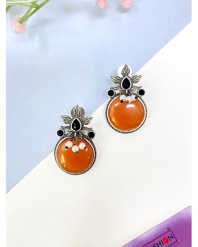 Orange Monalisa Oxidised Silver Stud Earrings for office everyday Wear-12668851