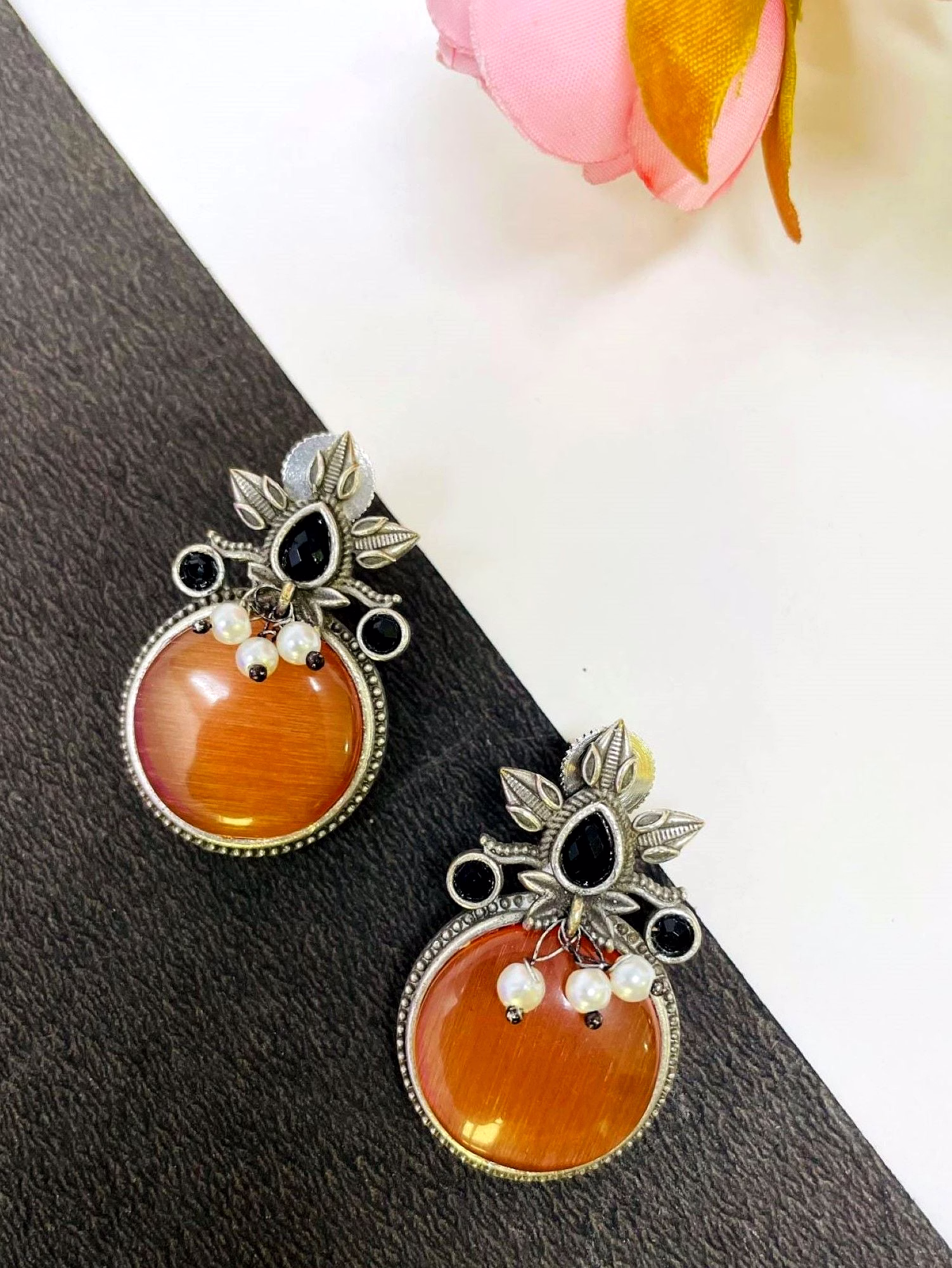 Orange Monalisa Oxidised Silver Stud Earrings for office everyday Wear image 2