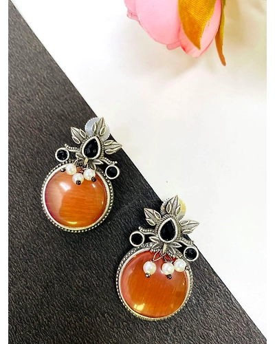 Orange Monalisa Oxidised Silver Stud Earrings for office everyday Wear-1