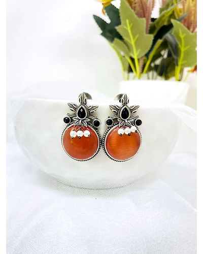 Orange Monalisa Oxidised Silver Stud Earrings for office everyday Wear-2