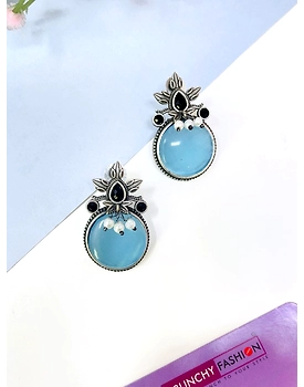 Oxidised Silver Sky-Blue Monalisa Stone Stud Earrings for office everyday Wear