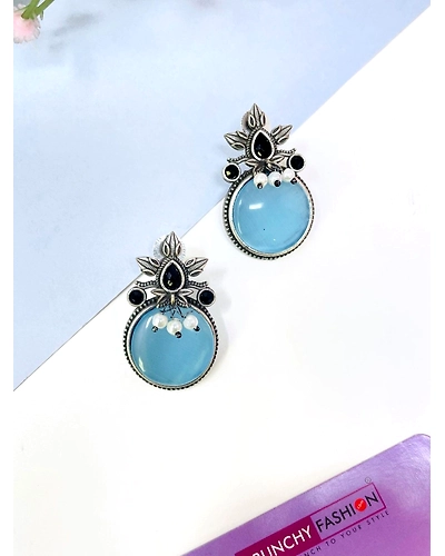 Oxidised Silver Sky-Blue Monalisa Stone Stud Earrings for office everyday Wear-12668849