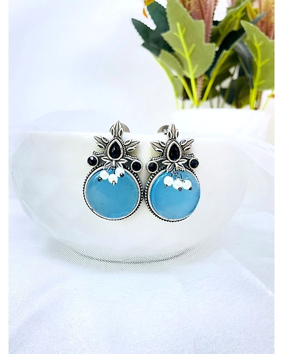 Oxidised Silver Sky-Blue Monalisa Stone Stud Earrings for office everyday Wear-1