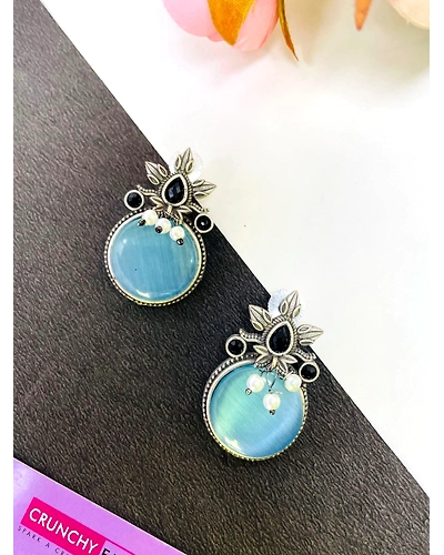 Oxidised Silver Sky-Blue Monalisa Stone Stud Earrings for office everyday Wear-2