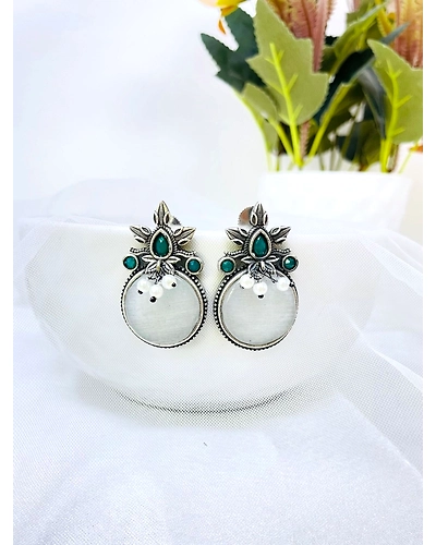 Oxidised Silver White Stone office everyday Wear Stud Earrings for Women-1