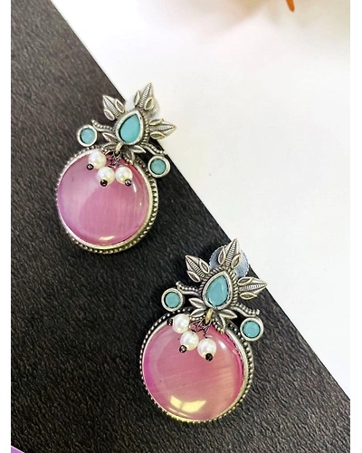 Pink Monalisa Stone Oxidised Silver Everyday Stud Earrings for Women-1