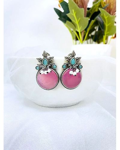 Pink Monalisa Stone Oxidised Silver Everyday Stud Earrings for Women-2