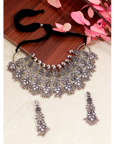 Oxidised Silver Choker Necklace - Traditional Jewellery Set for Women-12668843