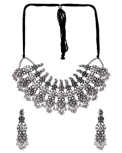 Oxidised Silver Choker Necklace - Traditional Jewellery Set for Women-1
