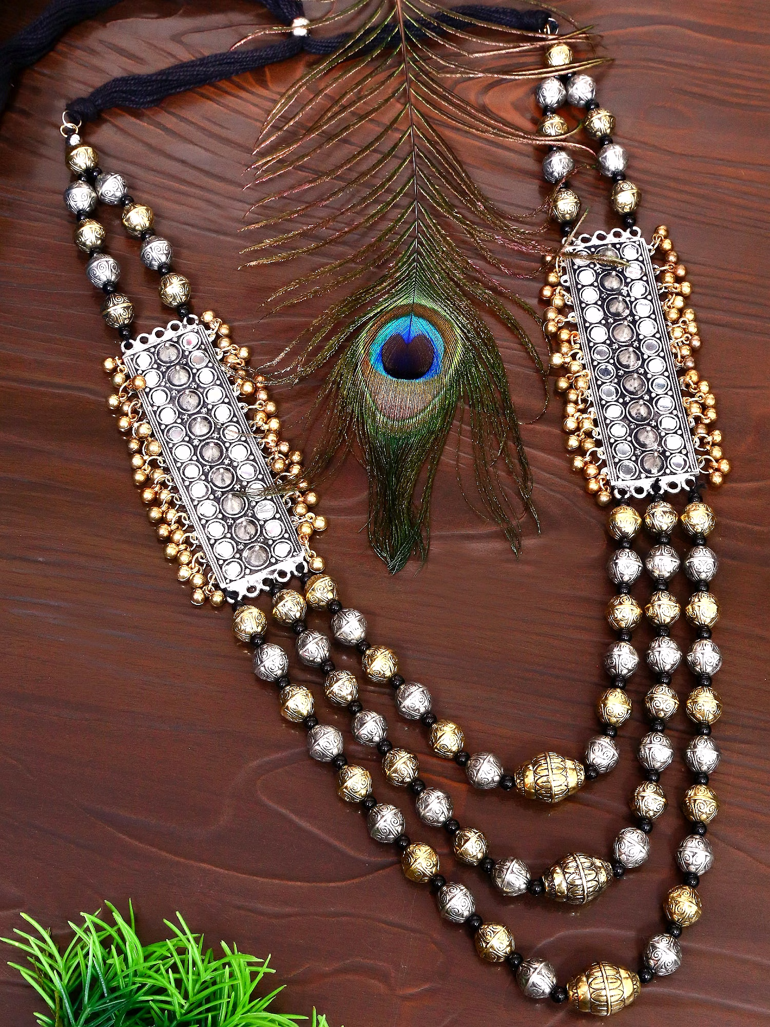 gonasika oxidised silver fusion multi-layered necklace set