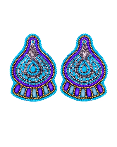 Blue Beaded Handmade Stud Earrings Oxidised Silver Plated Fashion Jewelry for Women-2