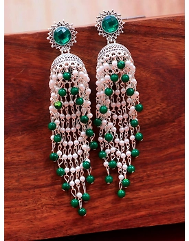 Blue Pearls Oxidised Silver Long Ethnic Jhumka Earrings for Women