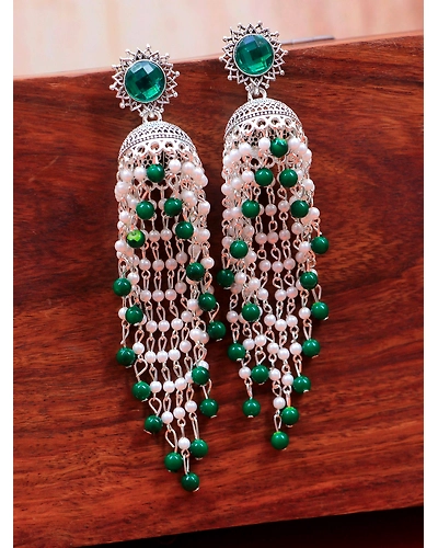Blue Pearls Oxidised Silver Long Ethnic Jhumka Earrings for Women-12668857