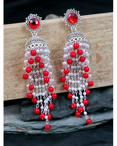 Blue Pearls Oxidised Silver Long Ethnic Jhumka Earrings for Women-2