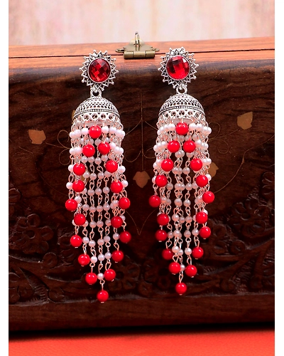 Blue Pearls Oxidised Silver Long Ethnic Jhumka Earrings for Women-3