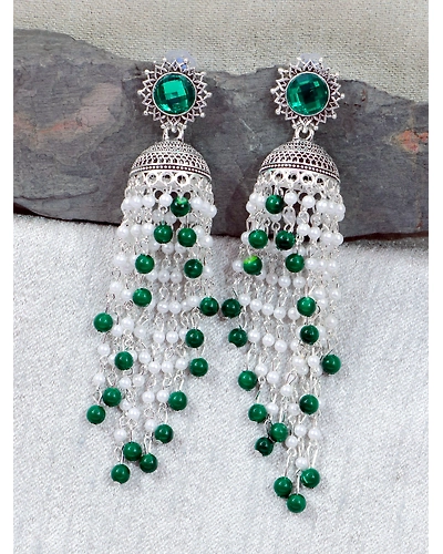Blue Pearls Oxidised Silver Long Ethnic Jhumka Earrings for Women-4