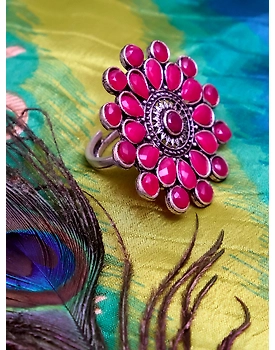 Pink Crystal Oasis - Oxidised Silver Floral Ring for Everyday Chic