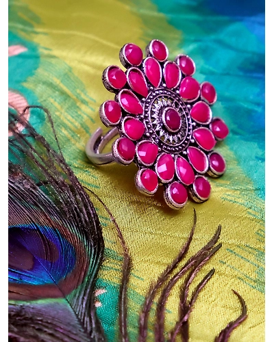Pink Crystal Oasis - Oxidised Silver Floral Ring for Everyday Chic-1