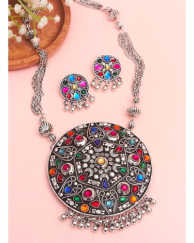 Nazima stone pendant Oxidised Necklace Set-12669501