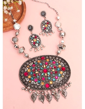 Atiksha stone pendant Oxidised Necklace Set