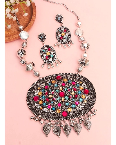 Atiksha stone pendant Oxidised Necklace Set-1