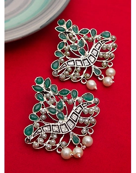 Green and white stone oxidised earring
