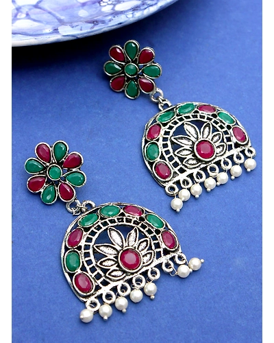 pink and green stone oxidised earring-1