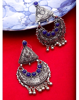 Blue stone oxidised chandbali