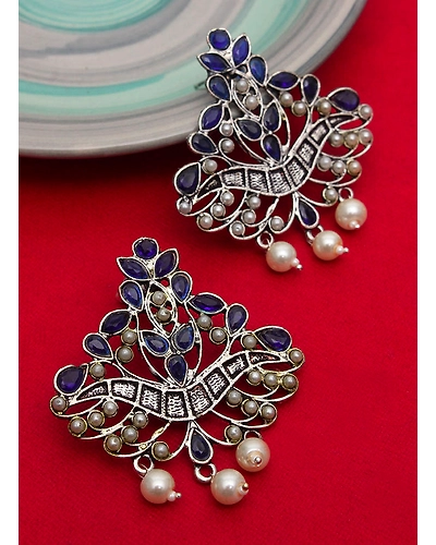Blue and white stone oxidised earring-1